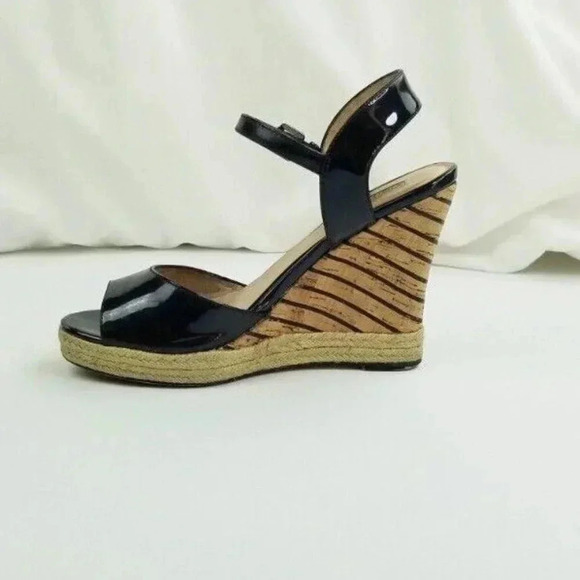 Charles David Size 8 Womens Black Patent Leather Ankle Strap Wedge Heel Peep Toe - Picture 2 of 12